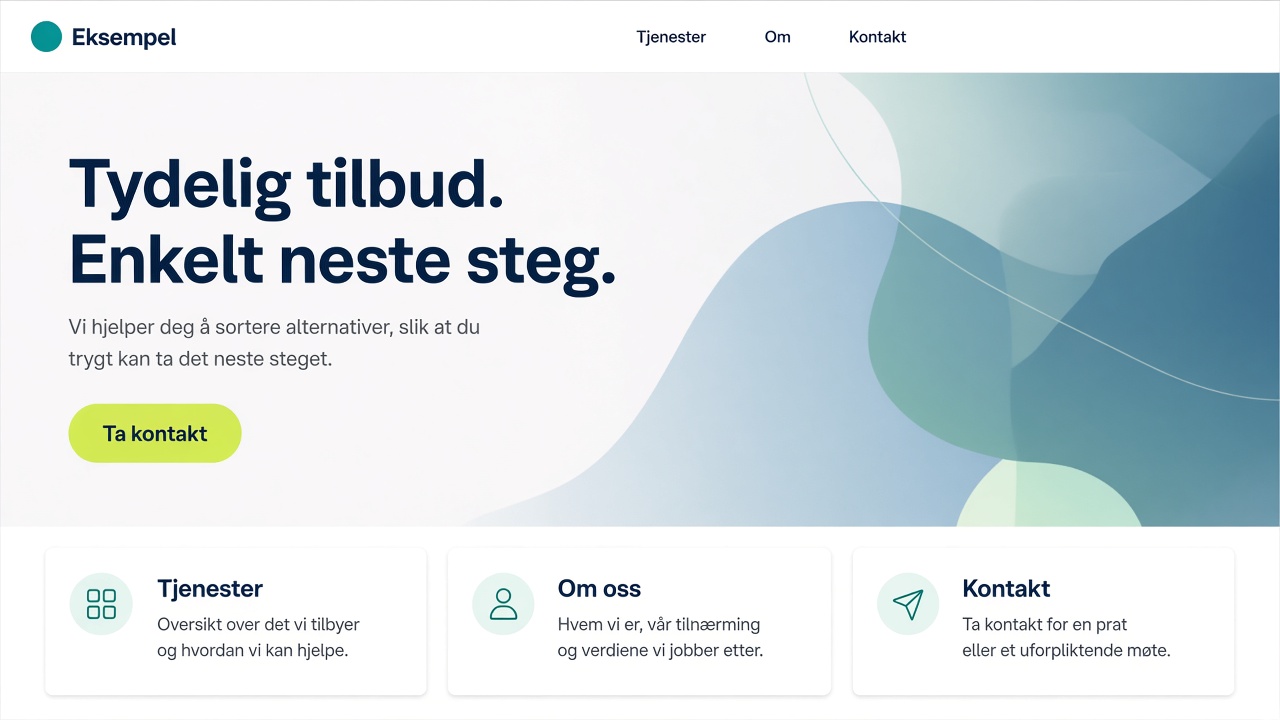 Illustrerende eksempel på en moderne hjemmeside vist på desktop. Anonymisert og ikke knyttet til en kunde.