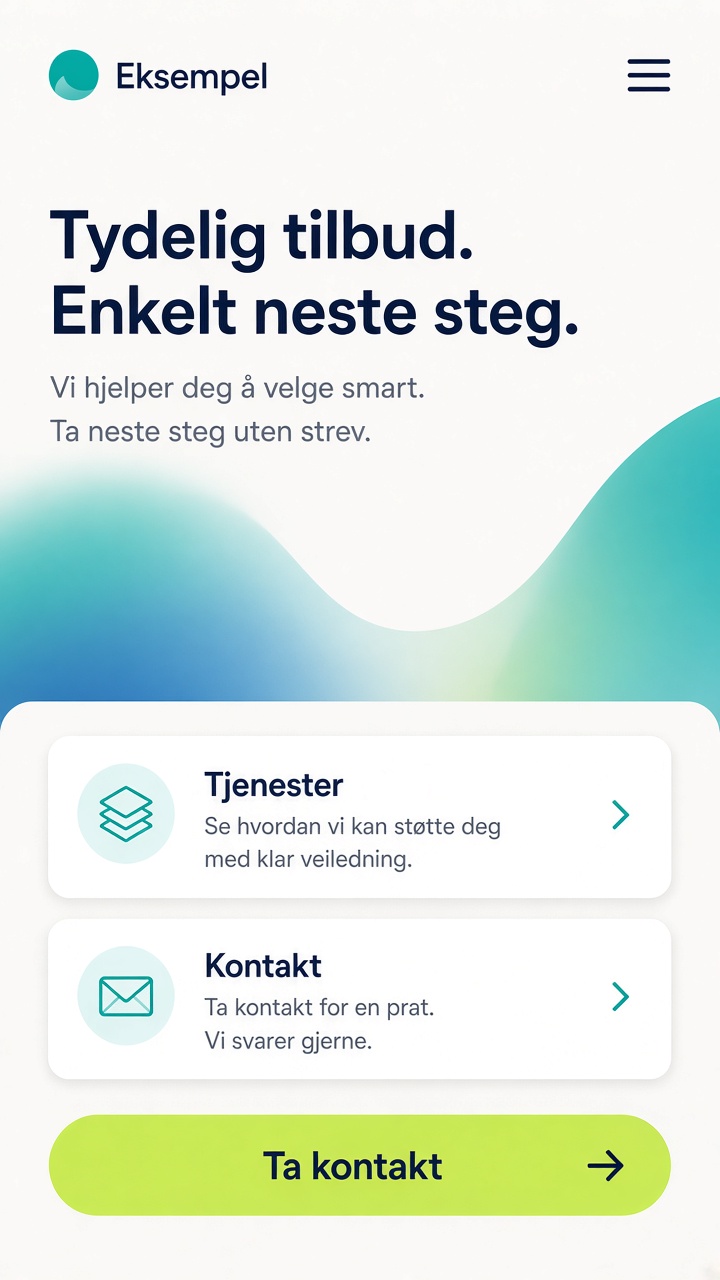Samme illustrerende hjemmeside vist på mobil. Anonymisert og ikke knyttet til en kunde.